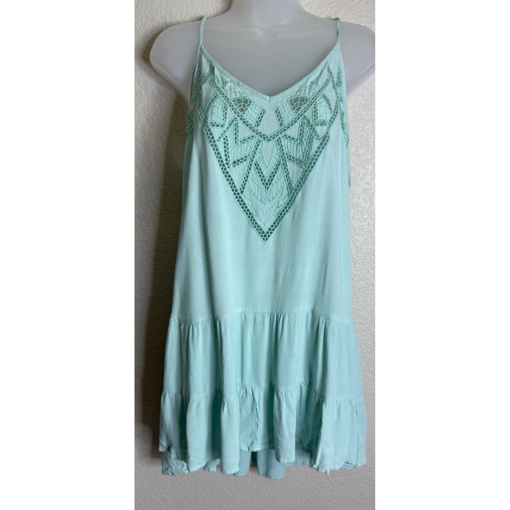 Umgee Womens Medium Top Tunic Mint Green Crochet Lace Tiered Boho Festival